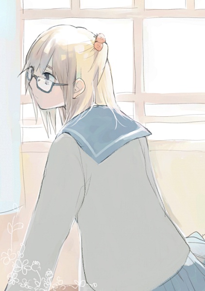 sakana45, bad id, bad pixiv id, food, food-themed clothes, fruit, glasses, school uniform, serafuku, solo, strawberry, window