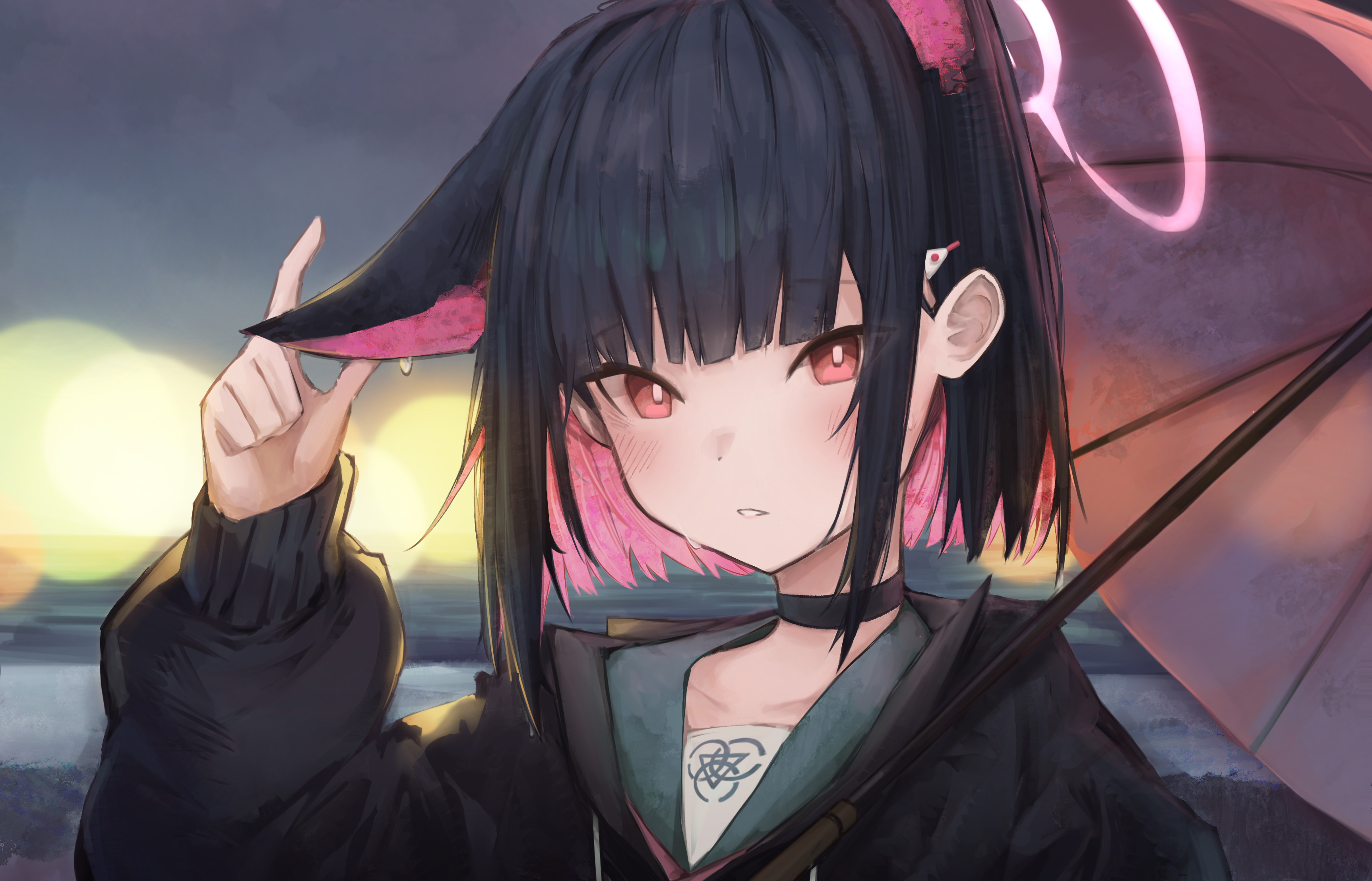 hato (hatotoou), kazusa (blue archive), blue archive, absurdres, commentary, highres, 1girl, after rain, animal ears, black choker, black hair, black hoodie, blunt bangs, blush, bob cut, bright pupils, cat ears, cat girl, choker, colored inner hair, extra ears, green sailor collar, hair behind ear, hair ornament, hairclip, halo, hand up, hood, hood down, hoodie, index finger raised, looking at viewer, multicolored hair, outdoors, parted lips, pink hair, pink halo, pink umbrella, red eyes, sailor collar, school uniform, serafuku, short hair, sleeves past wrists, solo, straight hair, tsurime, two-tone hair, umbrella, upper body, wet, white pupils