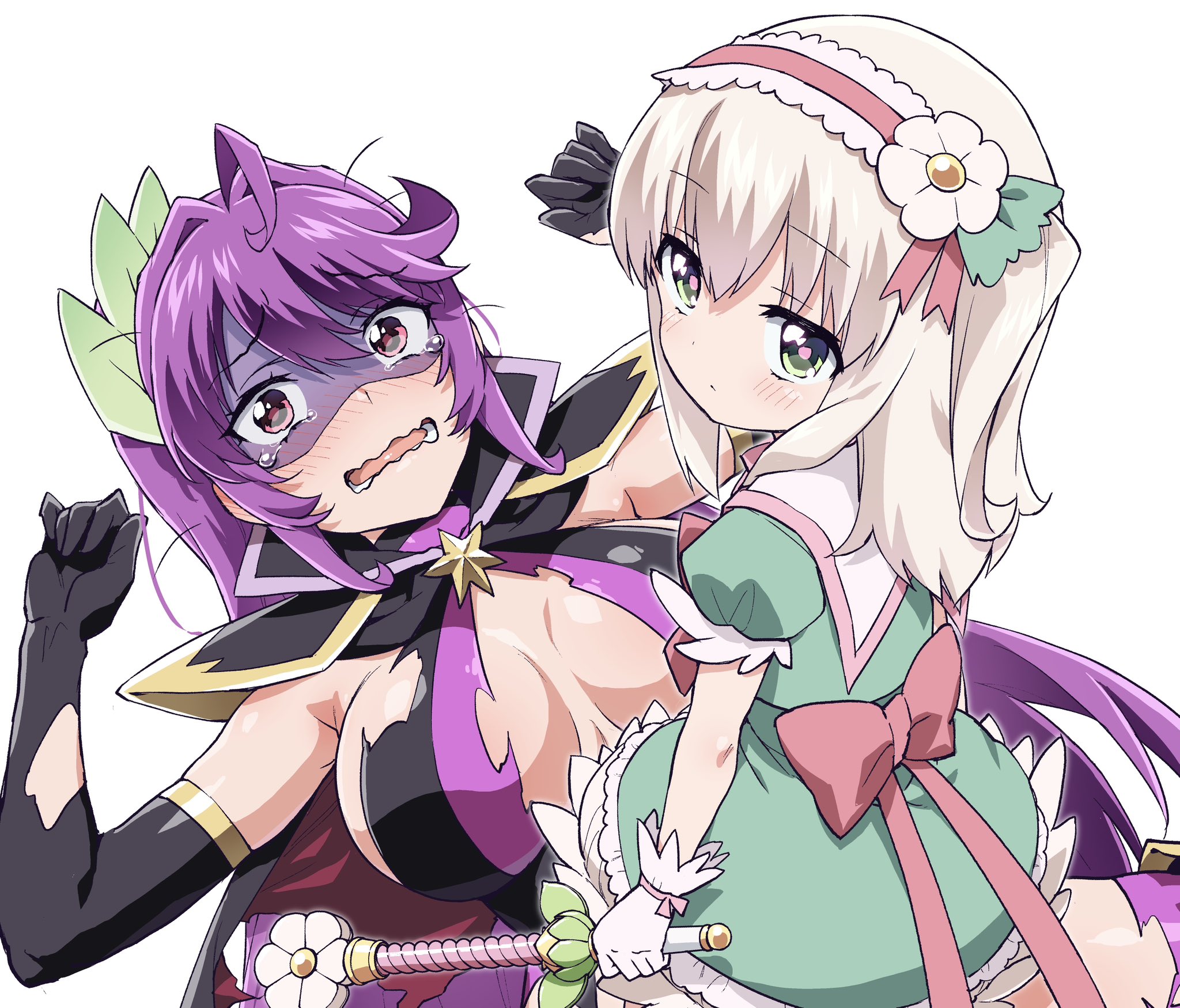 mucha (muchakai), fujiyama shinobu, mahou shoujo 201, highres, 2girls, black gloves, bow, bowtie, breasts, elbow gloves, gloves, green eyes, hair ornament, hairband, large breasts, long hair, magical girl, multiple girls, panicking, pink bow, pink bowtie, princess mamu, purple hair, red eyes, sailor collar, sexy fujiyama, torn clothes, wand, white gloves, white hair