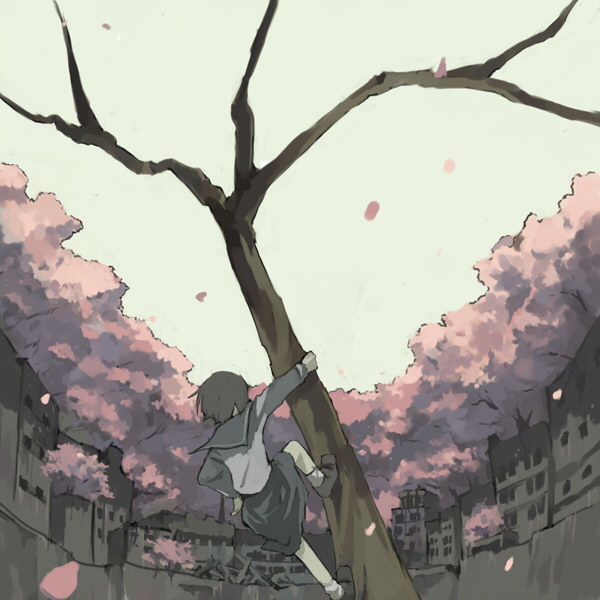 gregorius yamada, original, 1girl, cherry blossoms, climbing, female focus, hand on own hip, hip focus, in tree, petals, scenery, school uniform, serafuku, solo, tree