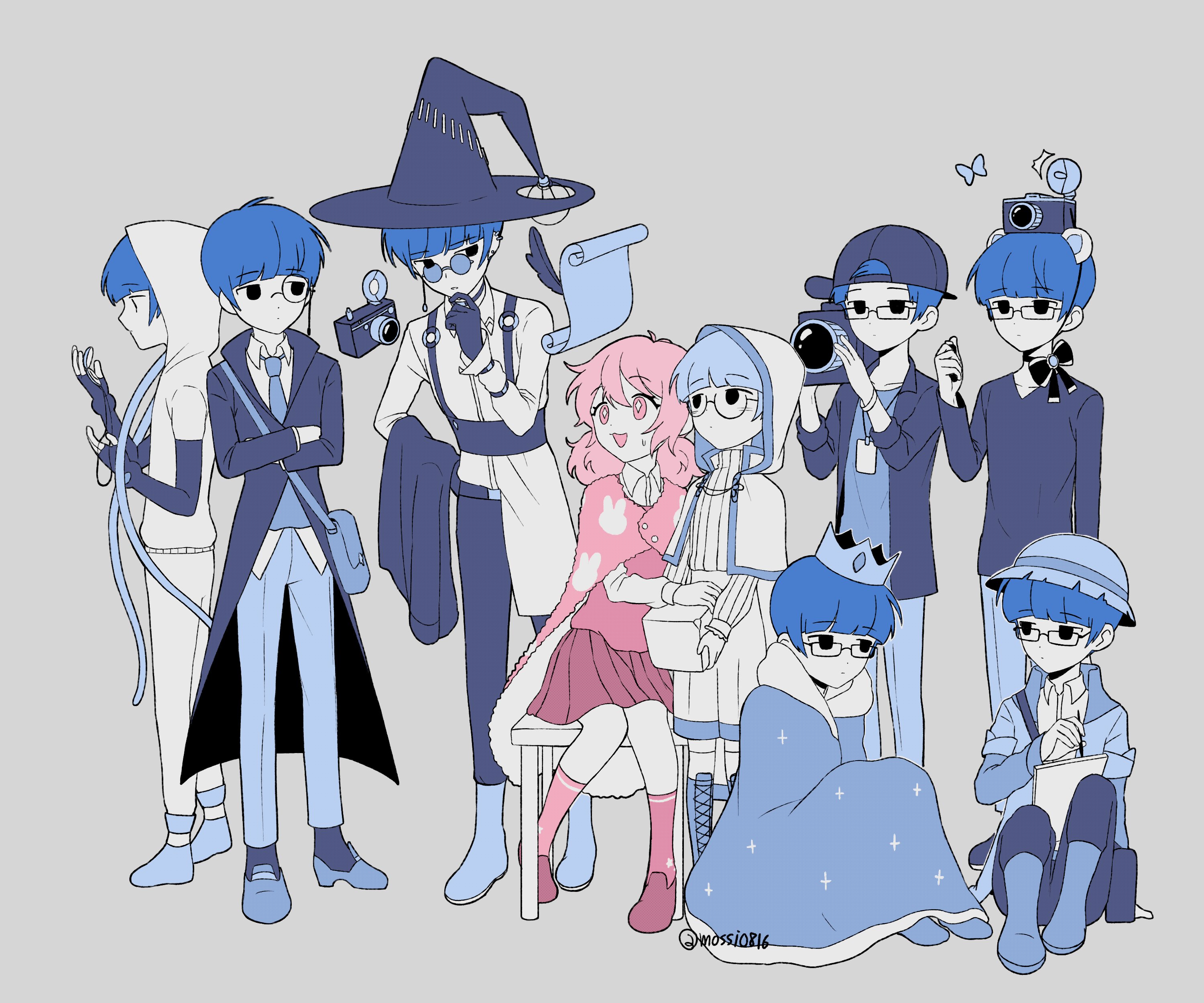 mossi (mossi0816), zombie high school, absurdres, highres, 1girl, 6+boys, blue hair, blunt bangs, boots, bowl cut, bug, butterfly, camera, fingerless gloves, glasses, gloves, grey background, hat, holding, holding camera, hood, insect, limited palette, long hair, mj (zombie high school), multiple boys, necktie, pants, personification, pink hair, pyo ih-yeon, short hair, simple background, sitting, skirt, smile, sunglasses, twitter username, witch hat, wizard hat