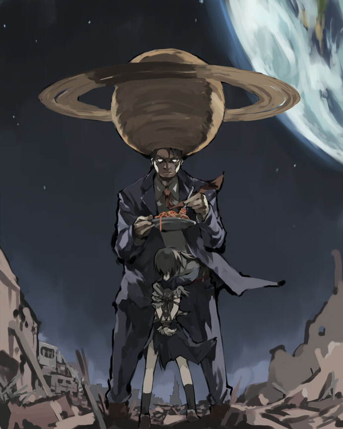 gregorius yamada, 1boy, 1girl, bdsm, bondage, bound, food, fork, formal clothes, pasta, planet, rope, ruins, saturn (planet), school uniform, serafuku, spaghetti, suit, what, you gonna get raped