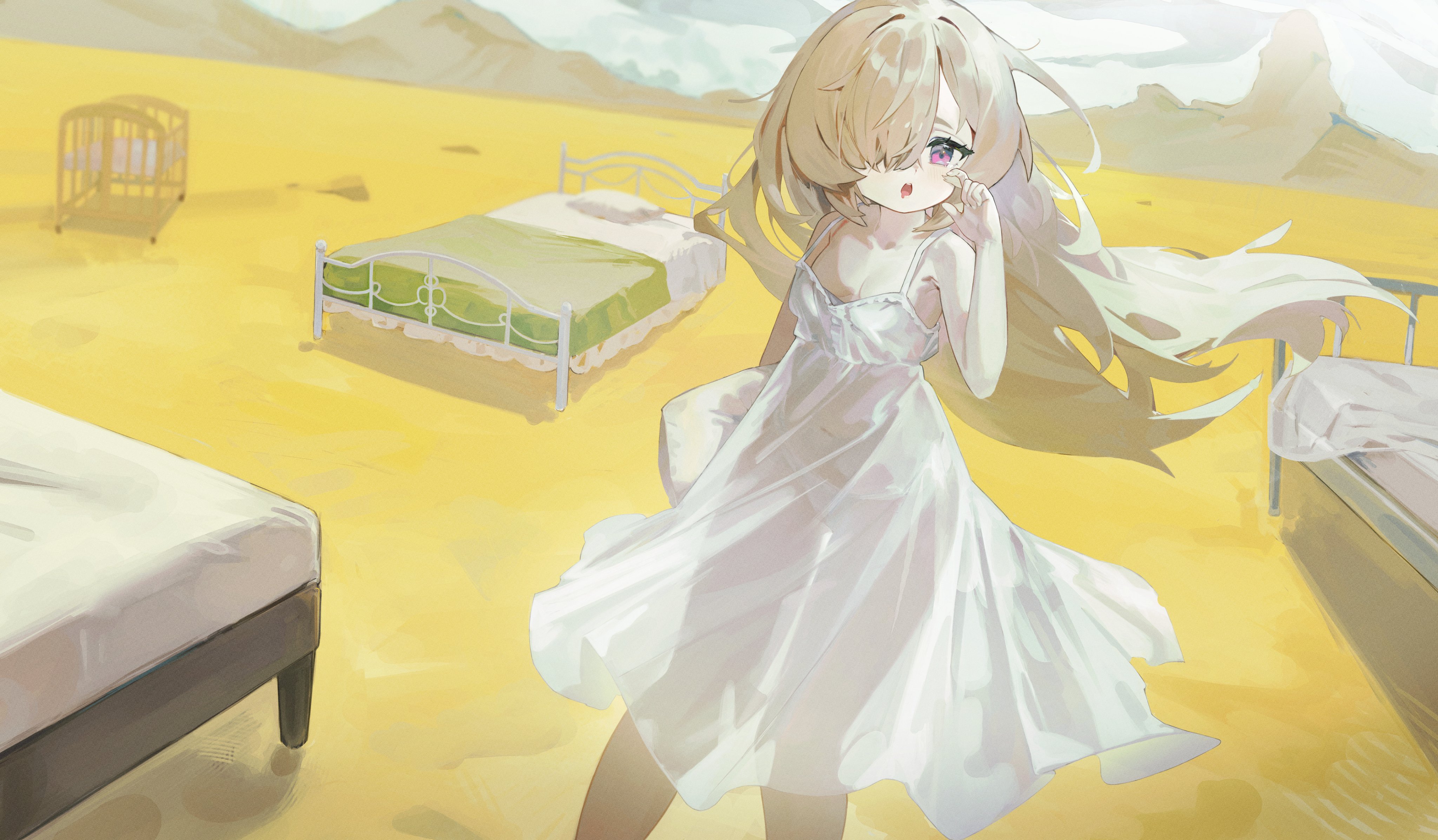 marukaka, original, absurdres, highres, 1girl, bed, blonde hair, breasts, dress, hair over one eye, holding, holding pillow, long hair, looking at viewer, one eye covered, open mouth, outdoors, panties, pillow, purple eyes, see-through clothes, see-through dress, see-through silhouette, sky, sleeveless, sleeveless dress, small breasts, solo, underwear, very long hair, white dress, white panties