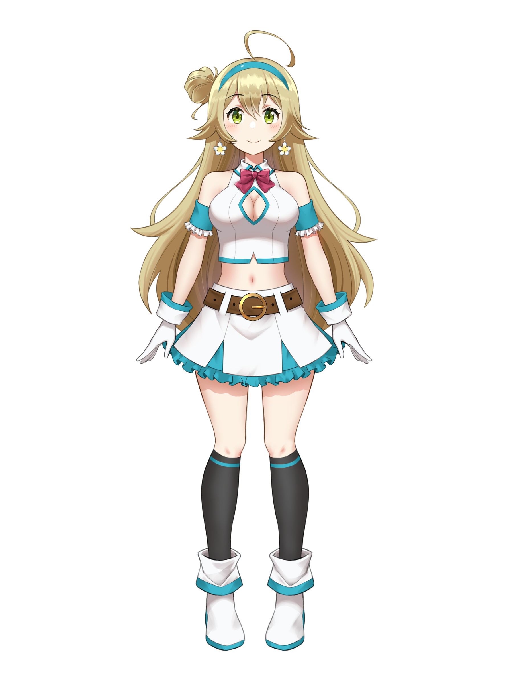 akane (akaneoekaki0928), original, commentary request, highres, 1girl, ahoge, arm cuffs, bare shoulders, belt, black socks, blue hairband, blue skirt, boots, breasts, brown belt, brown hair, cleavage, cleavage cutout, closed mouth, clothing cutout, collared shirt, flower, fold-over boots, fold-over gloves, frilled skirt, frills, gloves, green eyes, hair bun, hairband, kneehighs, large breasts, long hair, looking at viewer, miniskirt, pleated skirt, shirt, simple background, single side bun, skirt, sleeveless, sleeveless shirt, smile, socks, solo, tachi-e, virtual youtuber, white background, white boots, white flower, white gloves, white shirt