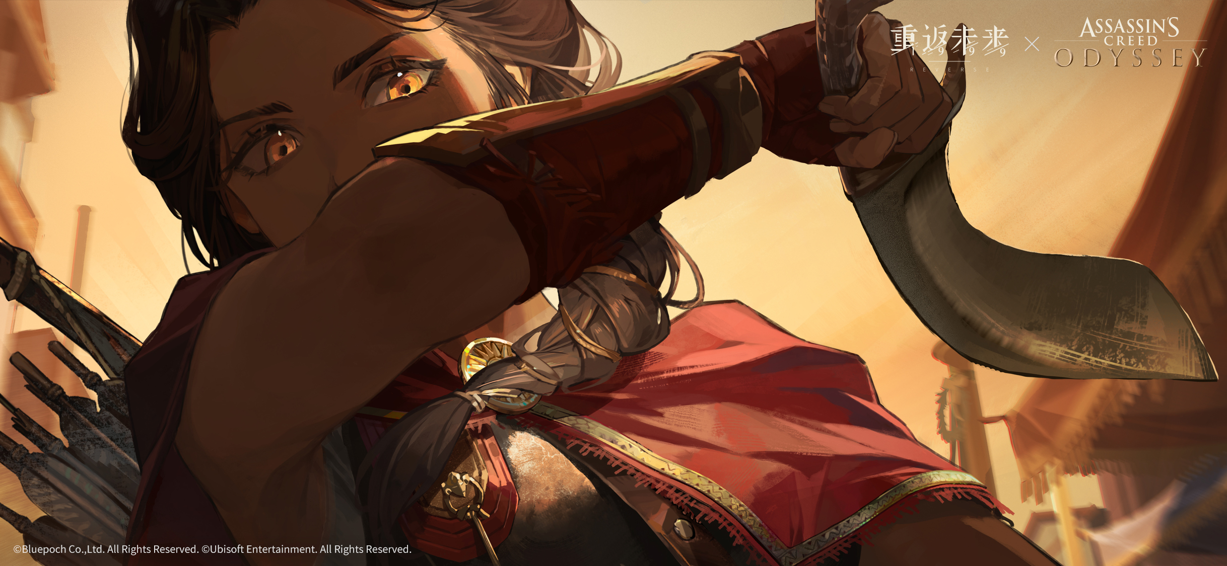 assassin's creed: odyssey, assassin's creed (series), reverse:1999, highres, official art, official wallpaper, 1girl, arm up, arrow (projectile), backlighting, braid, brown hair, cape, copyright name, copyright notice, holding, holding knife, kassandra of sparta, knife, logo, long braid, long hair, looking at viewer, portrait, quiver, red cape, single braid, sky, solo, yellow eyes, yellow sky
