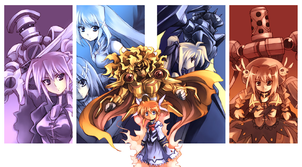 kouno hikaru, bardiche (nanoha), fate testarossa, graf eisen, laevatein (nanoha), raising heart, reinforce, signum, stand (jojo), takamachi nanoha, takamachi nanoha (sacred mode), vita (nanoha), yagami hayate, jojo no kimyou na bouken, lyrical nanoha, mahou shoujo lyrical nanoha, mahou shoujo lyrical nanoha a's, mahou shoujo lyrical nanoha strikers, bad id, bad pixiv id, 6+girls, ahoge, blonde hair, blue eyes, blue hair, bow, bowtie, braid, brooch, cape, curly hair, dress, energy blade, expressionless, gem, gloves, hair ornament, hair ribbon, jacket, jewelry, long hair, long sleeves, looking at viewer, machinery, magical girl, monster, multiple girls, open clothes, open jacket, orange hair, parody, ponytail, profile, purple eyes, purple hair, red bow, red bowtie, red eyes, red hair, ribbon, sword, twin braids, twintails, very long hair, weapon, whip sword, white dress, x hair ornament