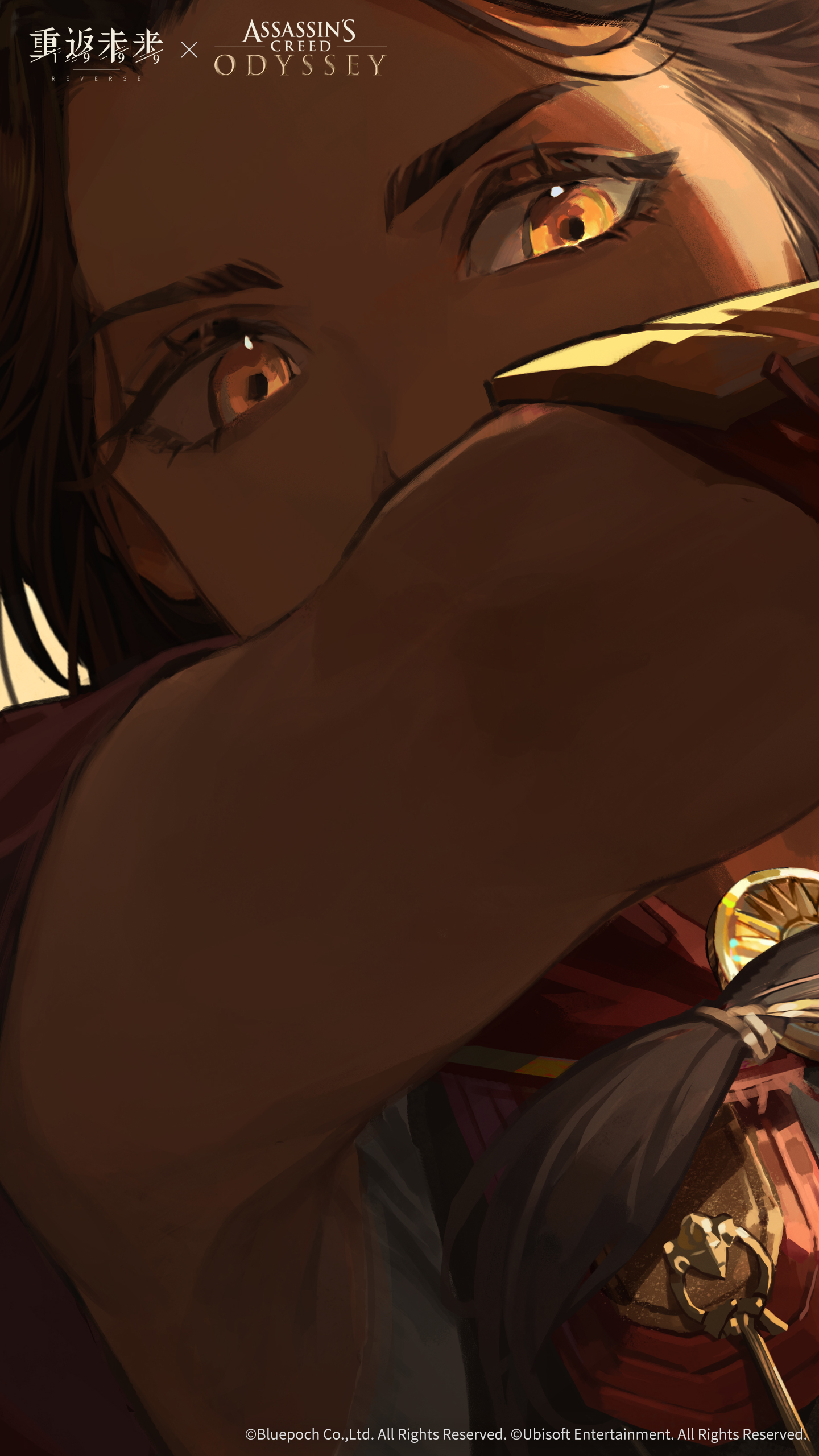 assassin's creed: odyssey, assassin's creed (series), reverse:1999, absurdres, highres, official art, official wallpaper, 1girl, arm up, backlighting, brown hair, cape, copyright name, copyright notice, covered mouth, kassandra of sparta, logo, long hair, looking at viewer, portrait, red cape, solo, yellow eyes