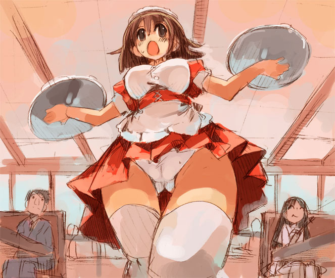 momiji mao, original, 1boy, 2girls, brown eyes, brown hair, multiple girls, panties, pantyshot, solo focus, thighhighs, underwear, upskirt, waitress