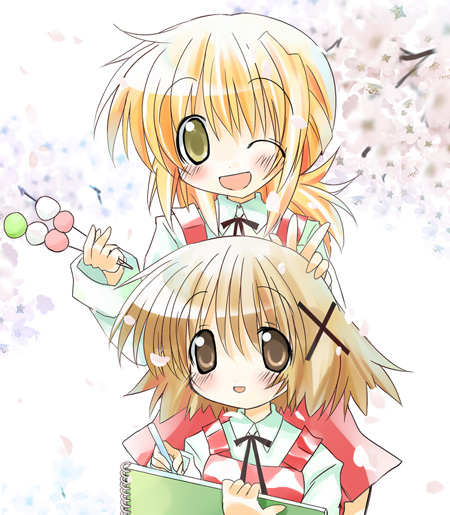 paco, miyako (hidamari sketch), yuno (hidamari sketch), hidamari sketch, 00s, 2girls, blonde hair, book, brown eyes, dress, food, hair ornament, holding, holding book, long sleeves, looking at viewer, multiple girls, open book, reading, red dress, short hair, upper body, x hair ornament