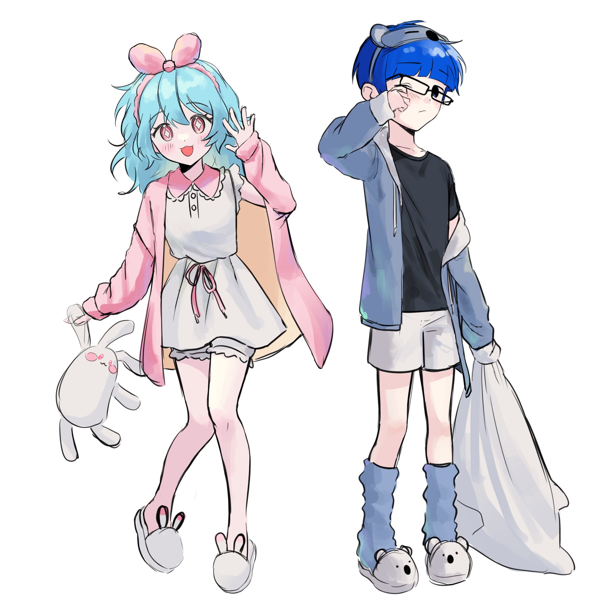 mossi (mossi0816), zombie high school, highres, korean commentary, 1boy, 1girl, :3, :d, animal slippers, black eyes, black shirt, bloomers, blue hair, blue jacket, blunt bangs, blush, bow, closed mouth, dress, frills, full body, glasses, grey shorts, hairband, hand up, holding, holding pillow, holding stuffed toy, jacket, long hair, long sleeves, looking at viewer, mj (zombie high school), off shoulder, one eye closed, open clothes, open jacket, open mouth, pajamas, pillow, pink bow, pink eyes, pink jacket, pink ribbon, pyo ih-yeon, ribbon, rubbing eyes, shirt, short hair, short sleeves, shorts, simple background, sleep mask, sleeveless, sleeves past wrists, slippers, smile, socks, standing, stuffed animal, stuffed toy, underwear, white background, white dress, white shorts