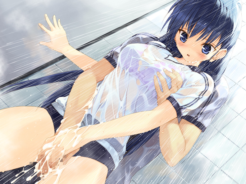 ueda ryou, itsuki aoba, soshite ashita no sekai yori, game cg, 1girl, blue eyes, blue hair, bra, breasts, buruma, censored, cum, cum on body, cum on upper body, grabbing another's breast, groping, gym uniform, large breasts, lingerie, long hair, mixed-sex bathing, mosaic censoring, penis, see-through clothes, shared bathing, showering, solo focus, thigh sex, thighs, underwear, wet, wet clothes