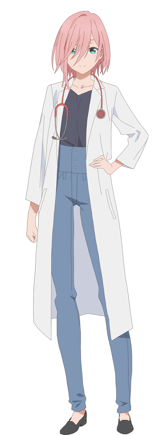 iizuka haruko, anekouji mahiru, amagami-san chi no enmusubi, highres, official art, 1girl, anime coloring, black shirt, black shoes, blue pants, blush, breasts, closed mouth, collarbone, flats, full body, green eyes, hair between eyes, hair over one eye, hand on own hip, lab coat, long sleeves, looking at viewer, medium breasts, pants, pink hair, shirt, shoes, short hair, simple background, single sidelock, smile, solo, standing, stethoscope, tachi-e, transparent background