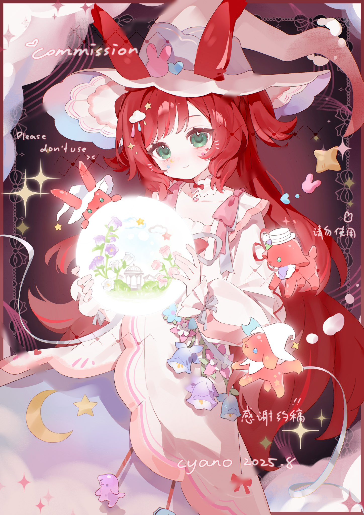 cyano, original, commission, highres, 1girl, blush, border, bow, closed mouth, creature, crescent, dress, flower, frills, green eyes, hair ornament, hat, hat bow, holding, long hair, long sleeves, looking at viewer, pink bow, pink dress, pink flower, puffy sleeves, purple flower, red bow, red hair, sample watermark, smile, sparkle, star (symbol), two side up, watermark, white dress, white flower, witch hat