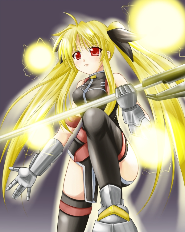 tadokoro teppei, bardiche (assault form) (nanoha), bardiche (nanoha), fate testarossa, fate testarossa (true sonic form), lyrical nanoha, mahou shoujo lyrical nanoha, mahou shoujo lyrical nanoha strikers, bad id, bad pixiv id, 00s, blonde hair, gloves, long hair, magic, red eyes, solo, thighhighs, twintails