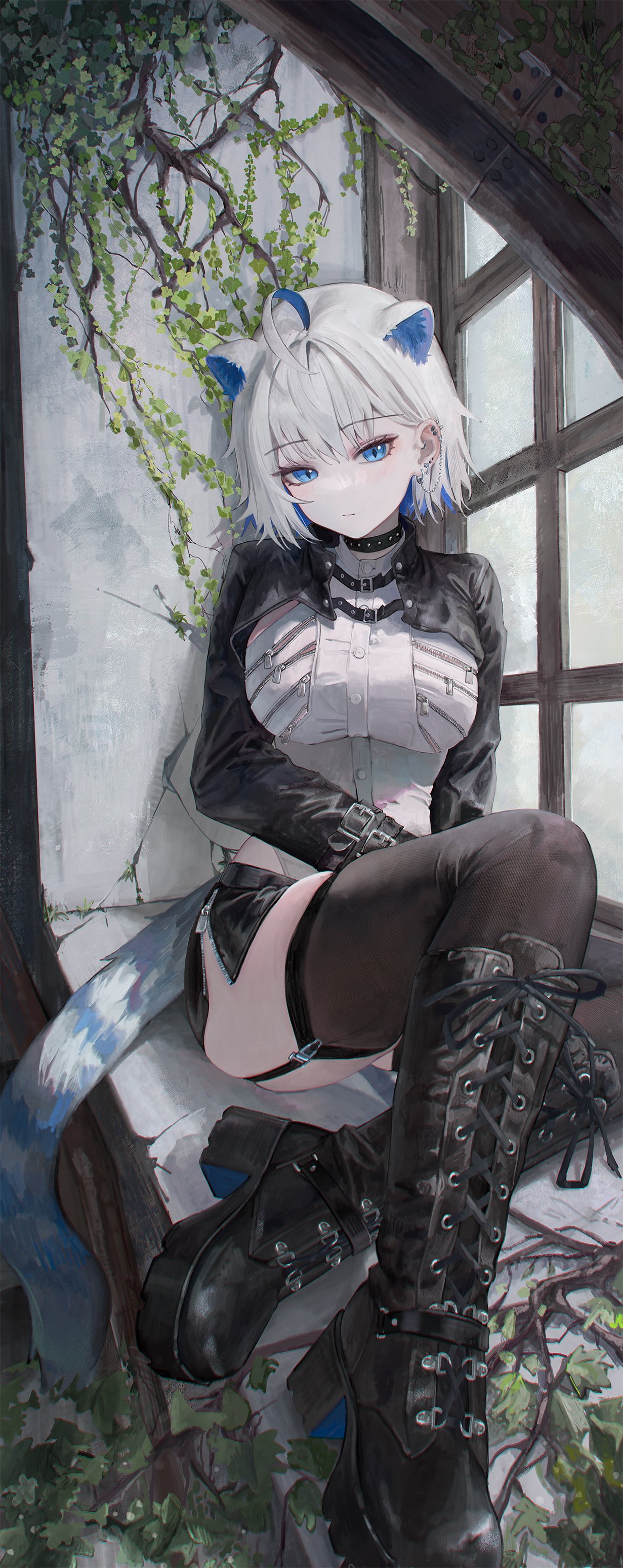 flippy (cripine111), original, absurdres, highres, 1girl, ahoge, animal ear fluff, animal ears, black boots, black choker, black garter straps, black jacket, black skirt, black thighhighs, blue eyes, blue hair, boots, breasts, choker, closed mouth, colored inner animal ears, expressionless, garter straps, jacket, knee boots, lace-up boots, long hair, long sleeves, looking at viewer, multicolored hair, shirt, short hair, skirt, solo, tail, thighhighs, white hair, white shirt, window