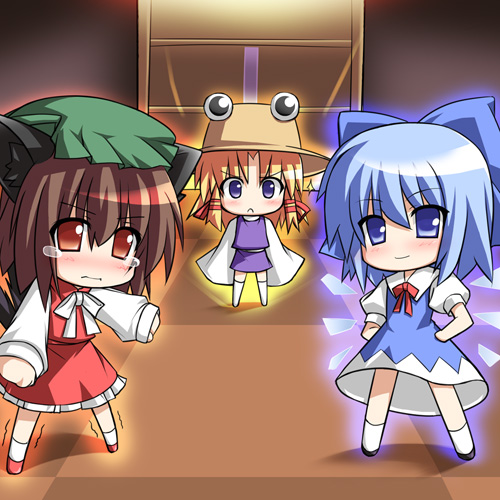katami shinta, chen, cirno, moriya suwako, touhou, lowres, 3girls, angry, animal ears, blonde hair, blue eyes, blue hair, blush, brown eyes, brown hair, cat ears, cat girl, cat tail, chibi, dress, female focus, hair ribbon, hands on own hips, hat, long sleeves, multiple girls, multiple tails, purple eyes, ribbon, short hair, tail, tears, wings