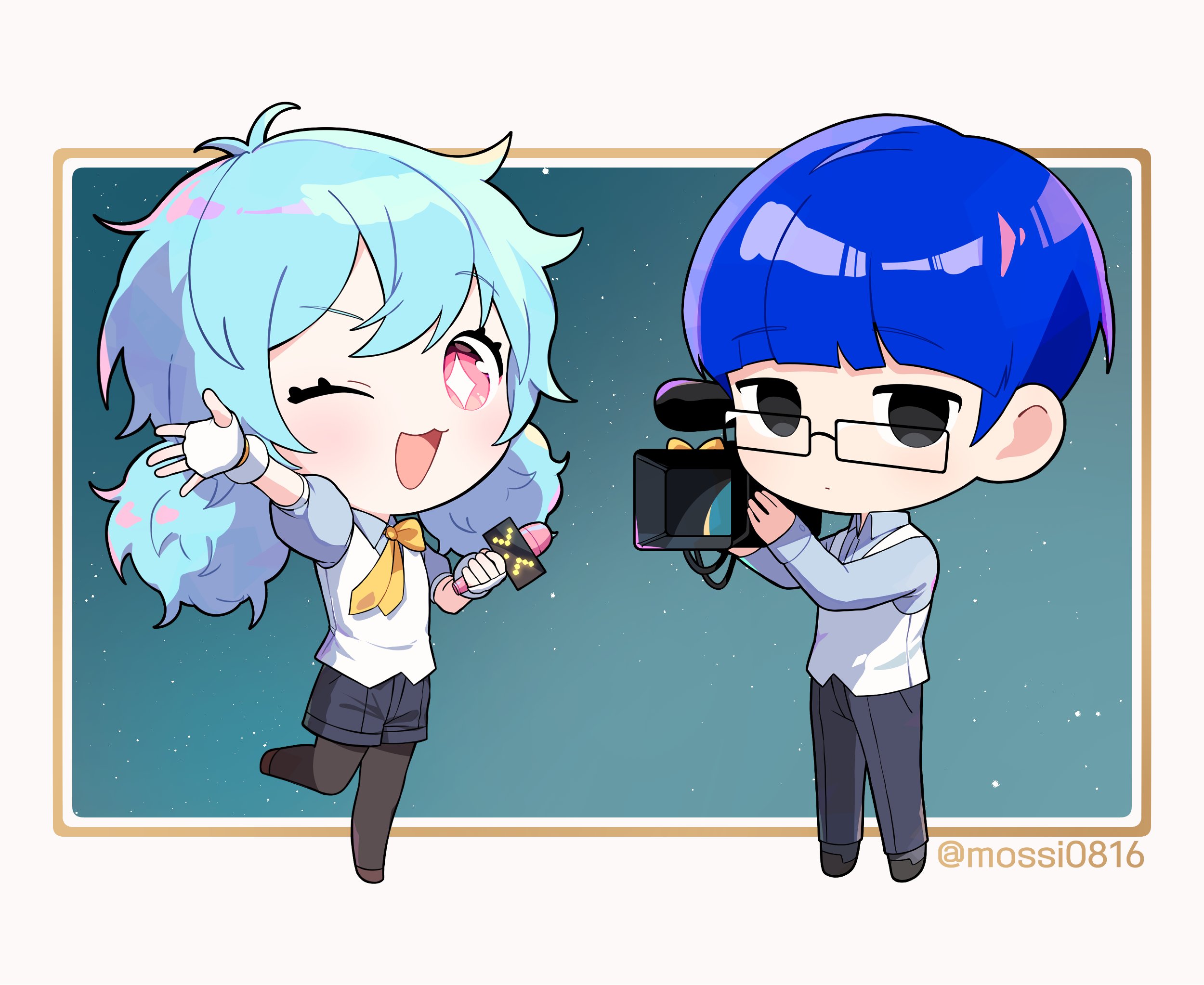 mossi (mossi0816), zombie high school, highres, korean commentary, 1boy, 1girl, :3, ;d, black eyes, black pants, black pantyhose, black shorts, blue hair, blunt bangs, chibi, closed mouth, fingerless gloves, glasses, gloves, holding, holding microphone, long hair, looking at viewer, microphone, mj (zombie high school), one eye closed, open mouth, pants, pantyhose, pink eyes, puffy sleeves, pyo ih-yeon, shirt, short hair, short sleeves, shorts, smile, standing, twintails, twitter username, vest, white gloves, white shirt