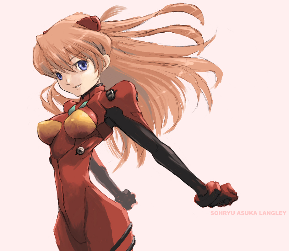 pota (nabrinko), souryuu asuka langley, neon genesis evangelion, 1girl, arms behind back, blue eyes, bodysuit, bracer, brown hair, character name, clenched hands, cowboy shot, curvy, female focus, floating hair, from side, gloves, grin, hair between eyes, headgear, long hair, looking at viewer, mecha pilot suit, narrow waist, orange hair, plugsuit (evangelion), red bodysuit, simple background, skinny, smile, solo, stretching, turtleneck, two side up, wide hips