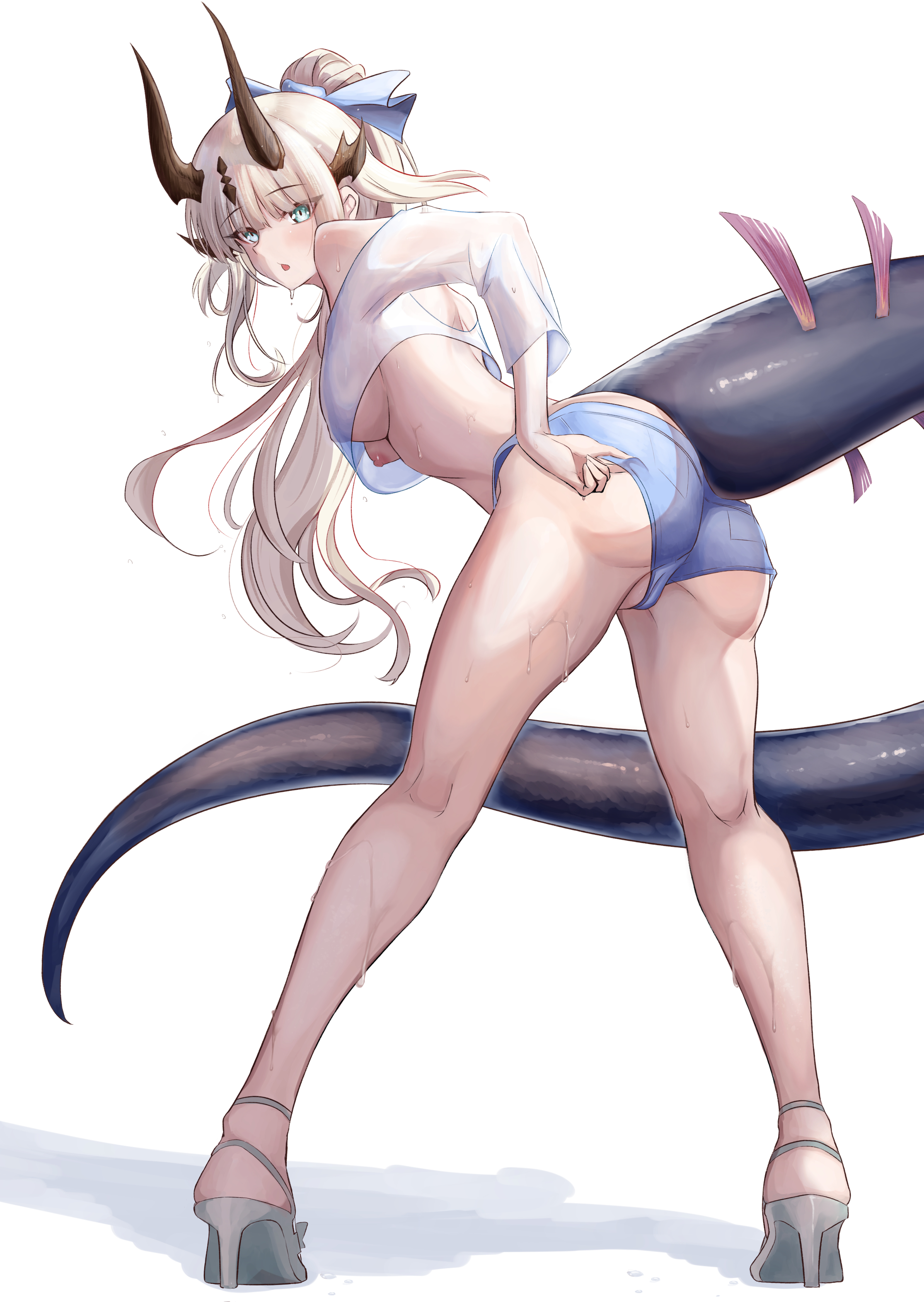 mumi daohu, reed (arknights), arknights, absurdres, chinese commentary, commentary request, highres, large variant set, paid reward available, variant set, 1girl, ass, bare shoulders, bikini, blonde hair, blue bow, blue shorts, blush, bow, breasts, brown horns, denim, dragon, dragon girl, dragon horns, dragon tail, full body, green eyes, high heels, horns, jeans, kneepits, long hair, long legs, long tail, looking at viewer, medium breasts, nipples, open mouth, pants, sandals, shirt, shorts, solo, standing, sweat, swimsuit, tail, very long hair, white background, white shirt