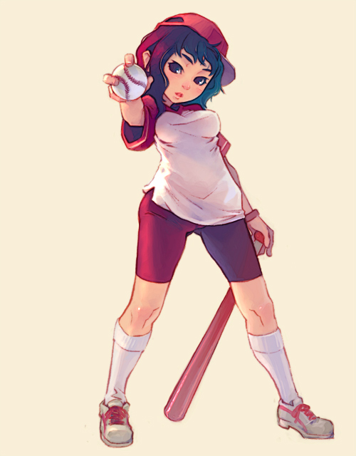 weno, original, screencap, 1girl, ball, baseball, baseball (object), baseball bat, baseball cap, bike shorts, breasts, female focus, full body, hat, kneehighs, shirt, simple background, socks, solo, t-shirt