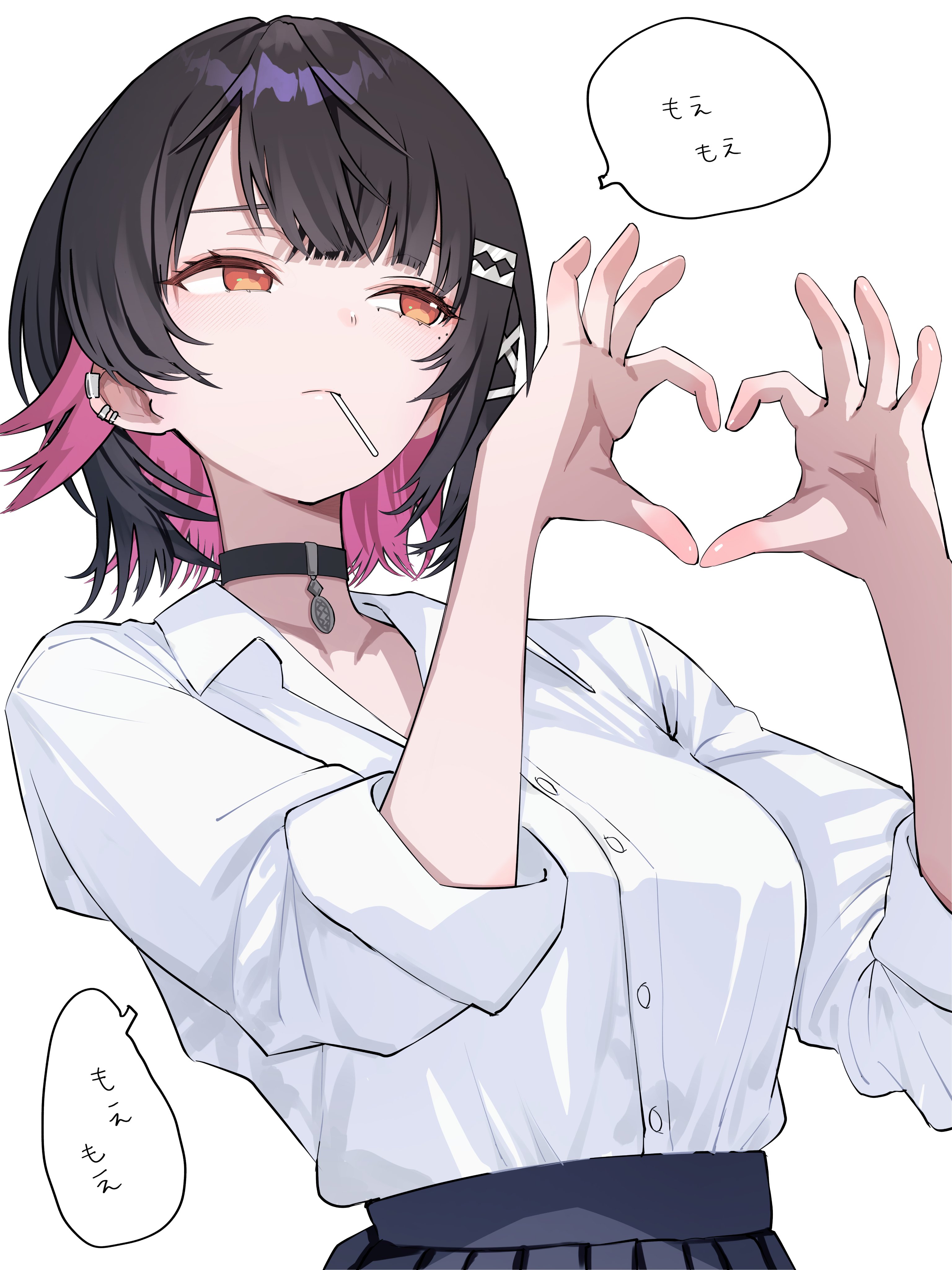 yamai yurika, ellen joe, ellen joe (on campus), zenless zone zero, absurdres, highres, translation request, 1girl, black choker, black hair, black skirt, choker, collared shirt, four-finger heart hands, heart, heart hands, mouth hold, official alternate costume, red eyes, red hair, school uniform, shirt, short hair, simple background, skirt, solo, speech bubble, upper body, white background, white shirt
