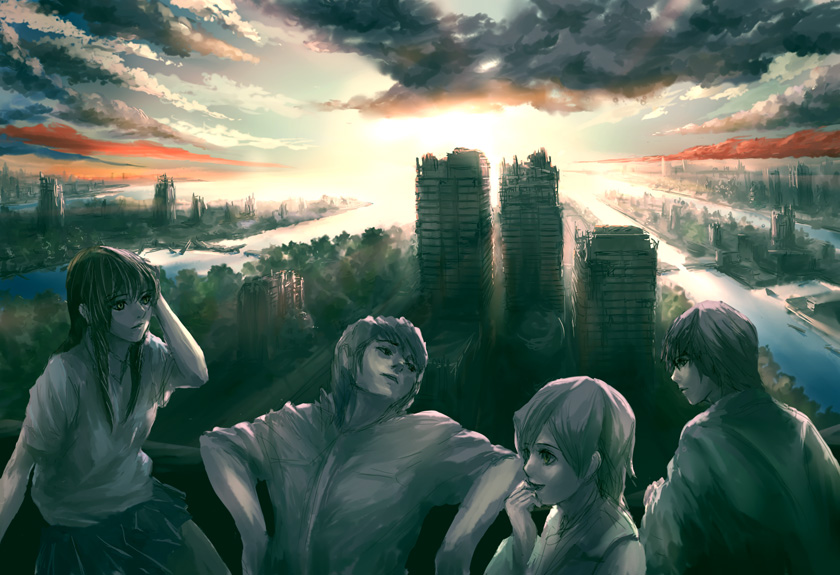 coz (commit), bad id, bad pixiv id, 2boys, 2girls, building, city, multiple boys, multiple girls, river, ruins, school uniform, serafuku, smile, sunset, urban, water