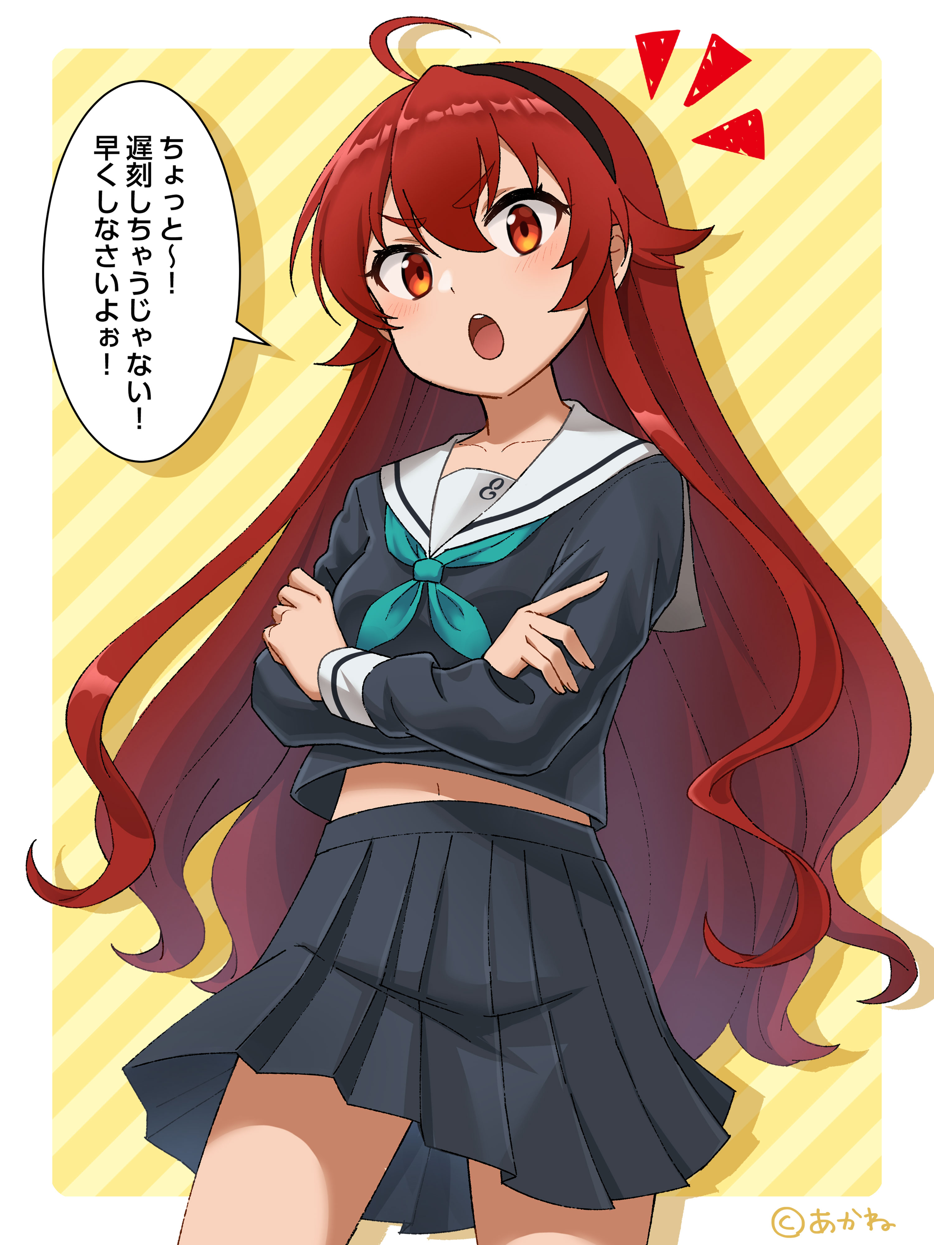 akane (akaneoekaki0928), eris greyrat, mushoku tensei, absurdres, commentary, highres, 1girl, ahoge, alternate costume, aqua neckerchief, black hairband, black serafuku, black shirt, black skirt, border, collarbone, copyright notice, cowboy shot, crossed arms, diagonal-striped background, hairband, long hair, long sleeves, looking at viewer, midriff, miniskirt, navel, neckerchief, outside border, pleated skirt, red hair, sailor collar, school uniform, serafuku, shirt, skirt, solo, standing, striped background, v-shaped eyebrows, very long hair, white border, white sailor collar