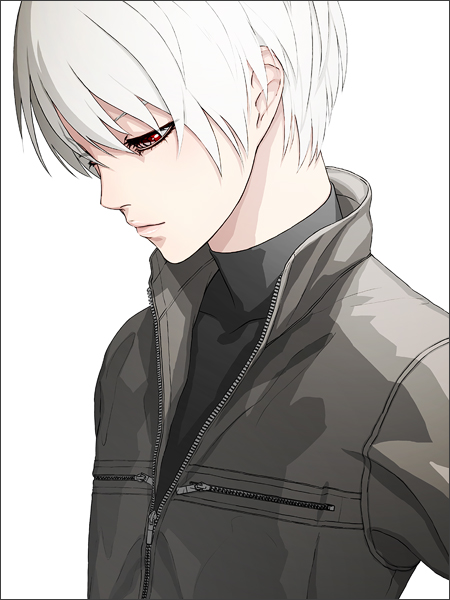 iwai ryou, original, 1boy, albino, jacket, male focus, red eyes, solo, white hair, zipper