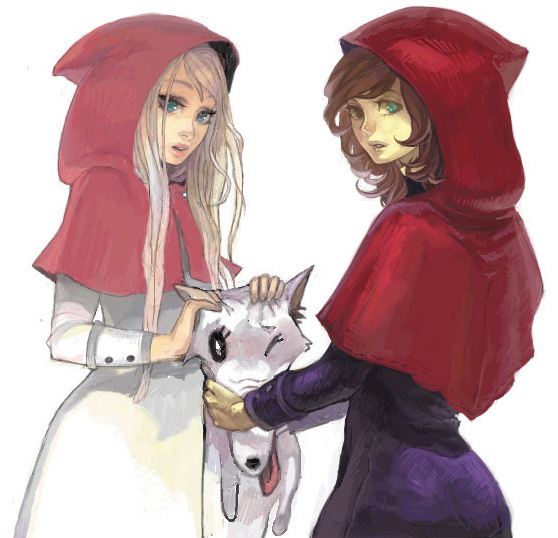 kima, matayoshi, little red riding hood (fairy tale character), little red riding hood (fairy tale), fur, silver hair, 2girls, aqua eyes, black dress, blue eyes, brown hair, cape, capelet, cowboy shot, dress, hood, long sleeves, multiple girls, red cape, swept bangs, white background, white dress, wolf