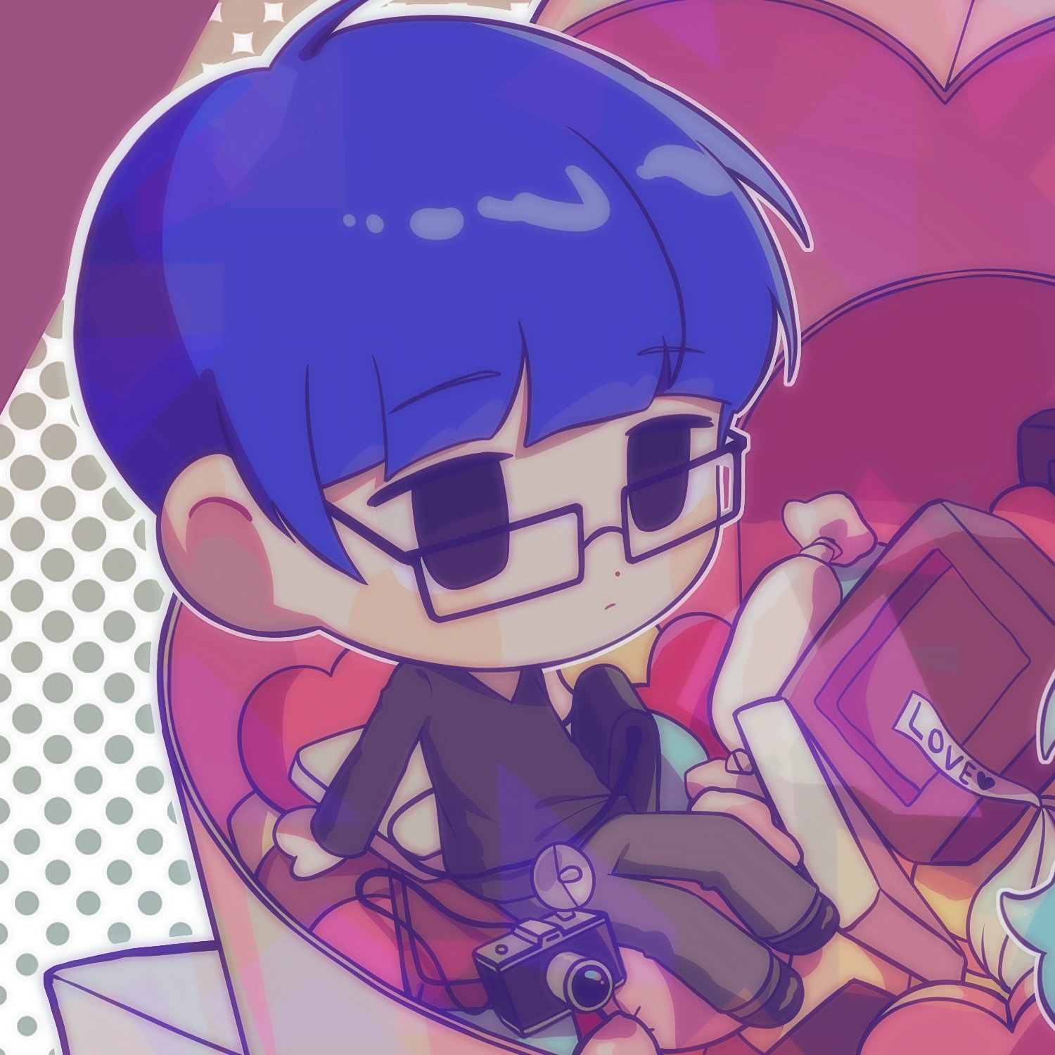 mossi (mossi0816), zombie high school, highres, korean commentary, 1boy, black eyes, black shirt, blue hair, blunt bangs, bowl cut, box, camera, chibi, closed mouth, glasses, grey pants, heart, long sleeves, male focus, pants, pyo ih-yeon, shirt, short hair, sitting, solo