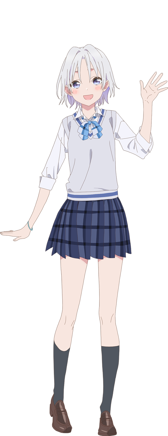 iizuka haruko, tsuruyama shirahi, amagami-san chi no enmusubi, highres, official art, 1girl, :d, anime coloring, black socks, blue bow, blue skirt, blush, bow, bowtie, breasts, brown shoes, collared shirt, full body, hand up, loafers, looking at viewer, open hands, open mouth, outstretched arm, palms, plaid bow, plaid clothes, plaid skirt, pleated skirt, purple eyes, school uniform, shirt, shoes, short hair, simple background, skirt, sleeves rolled up, small breasts, smile, socks, solo, spread fingers, standing, sweater vest, tachi-e, transparent background, white hair, white shirt