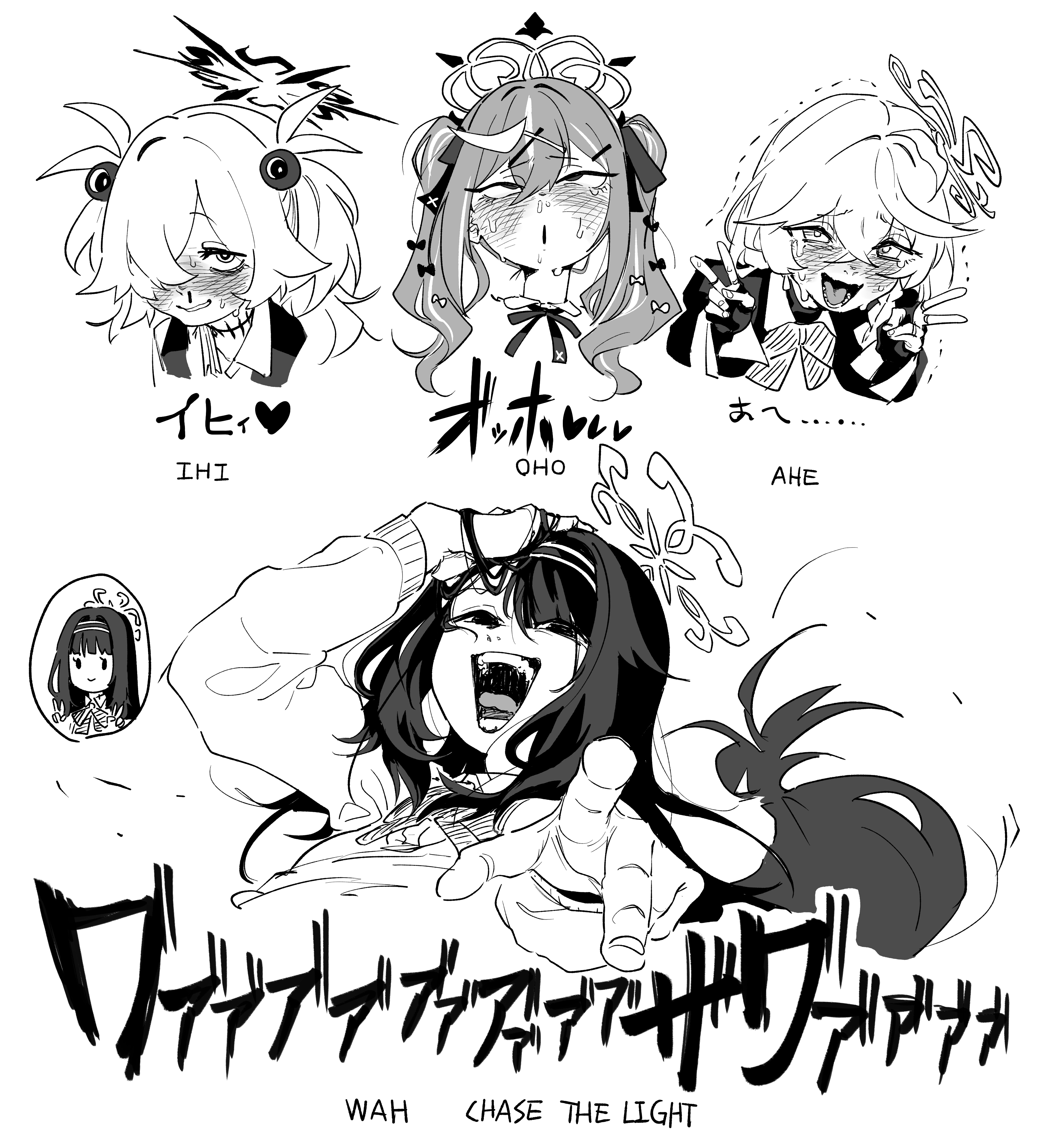 asahina yoshitoshi, eri (blue archive), kanoe (blue archive), rena (blue archive), tsumugi (blue archive), blue archive, absurdres, highres, 4girls, blood, blush, bow, bowtie, double v, greyscale, hair between eyes, hair over one eye, hairband, halo, long hair, long sleeves, monochrome, multiple girls, nosebleed, open mouth, pointing, pointing at viewer, rolling eyes, simple background, smile, trembling, twintails, v