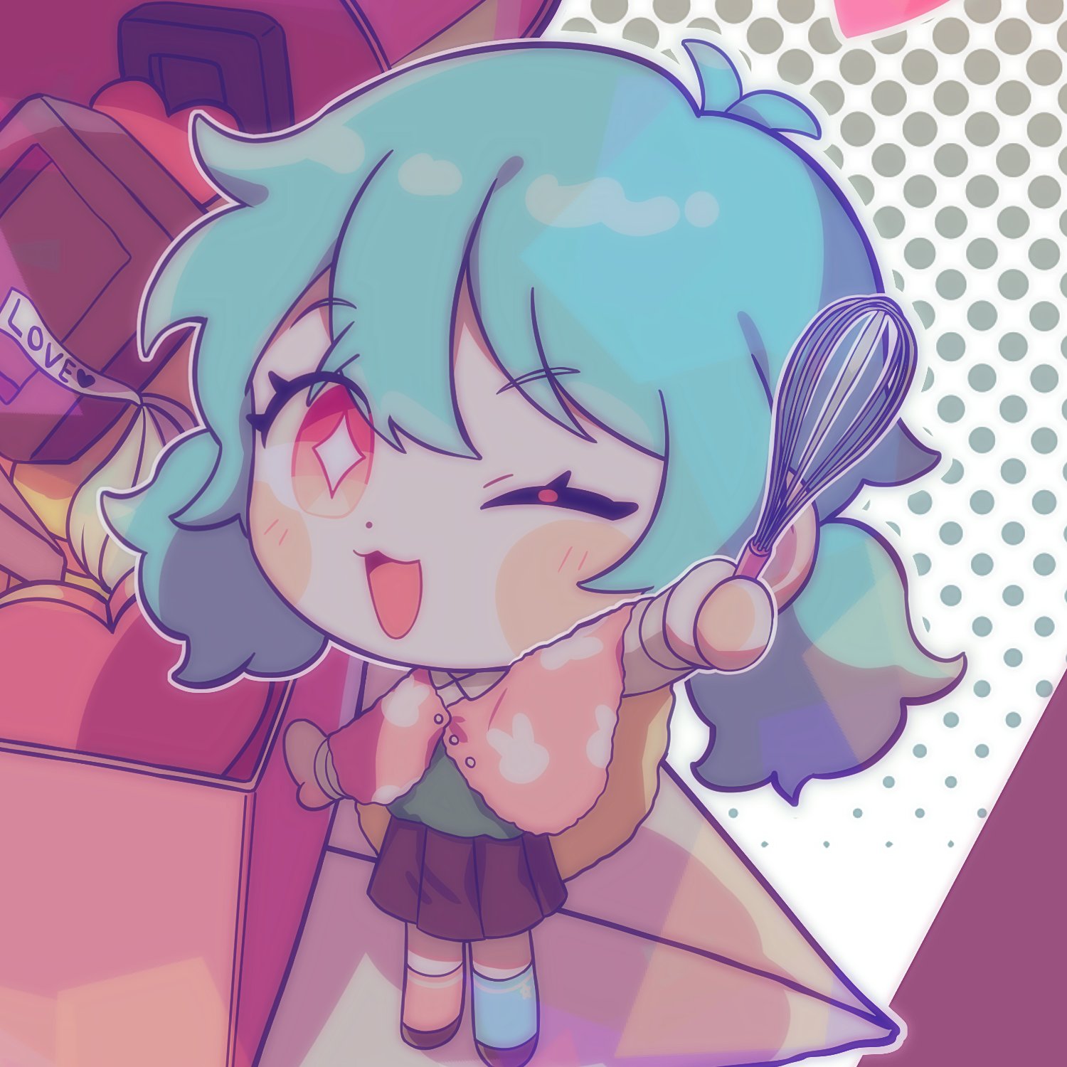 mossi (mossi0816), zombie high school, highres, korean commentary, + +, 1girl, asymmetrical legwear, black skirt, blue hair, blush, box, capelet, chibi, chocolate, heart, holding, looking at viewer, mj (zombie high school), one eye closed, open mouth, pink eyes, pleated skirt, polka dot, shirt, skirt, smile, socks, solo, twintails, valentine, whisk