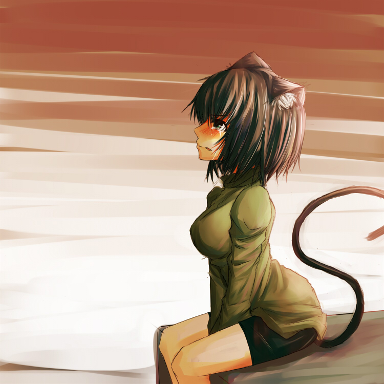 sonoyama moru, animal ears, black hair, cat ears, cat tail, short hair, solo, tail, tears