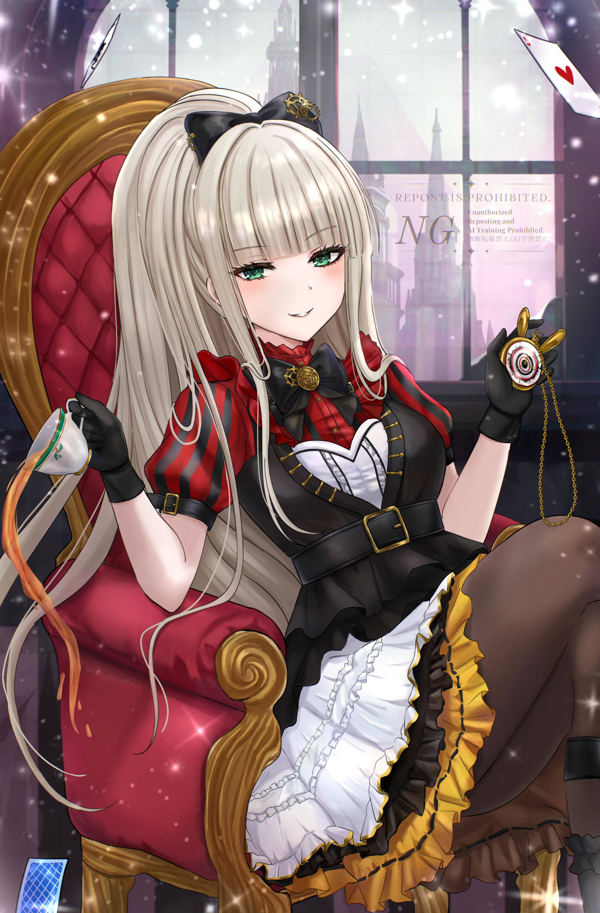 sunameri (pixiv3564245), mahou tsukai to kuroneko no wiz, absurdres, character request, commentary request, commission, highres, 1girl, ace (playing card), ace of hearts, armchair, belt, belt buckle, black belt, black boots, black bow, black jacket, blush, boots, bow, breasts, brown pantyhose, buckle, card, chair, crossed legs, cup, dress, feet out of frame, frilled dress, frills, green eyes, grey hair, hands up, heart, holding, holding cup, indoors, jacket, long hair, looking at viewer, medium breasts, on chair, pantyhose, playing card, ponytail, pouring, puffy short sleeves, puffy sleeves, red shirt, shirt, short sleeves, smile, solo, tea, teacup, tower, very long hair, watermark, white dress, window