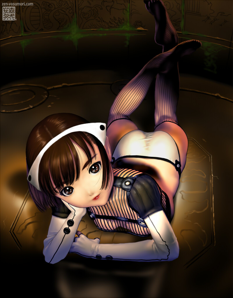 yasumori zen, original, brown eyes, brown hair, feet, fingerless gloves, gloves, hairband, lying, panties, short hair, solo, underwear