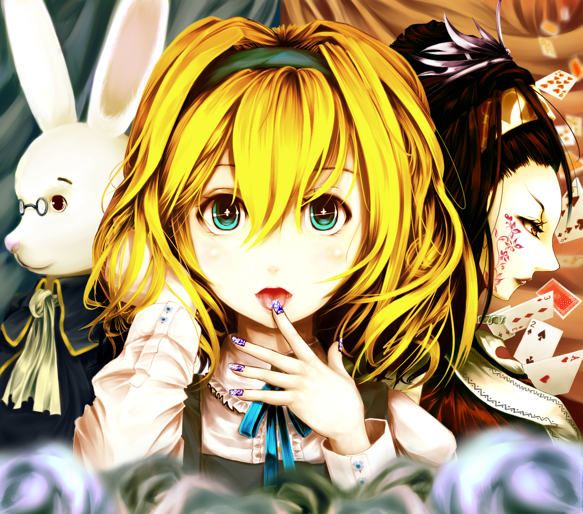 kuro shigure, alice (alice in wonderland), queen of hearts (alice in wonderland), white rabbit (alice in wonderland), alice's adventures in wonderland, 2girls, :p, blonde hair, blue eyes, blurry, card, depth of field, glasses, multiple girls, nail art, nail polish, neck ruff, purple nails, rabbit, tongue, tongue out