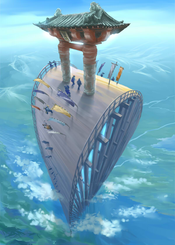 coz (commit), original, pixiv fantasia, above clouds, architecture, banner, bridge, cloud, day, east asian architecture, fantasy, flag, horizon, landscape, mountain, nobori, ocean, scenery, sky, surreal, torii, water