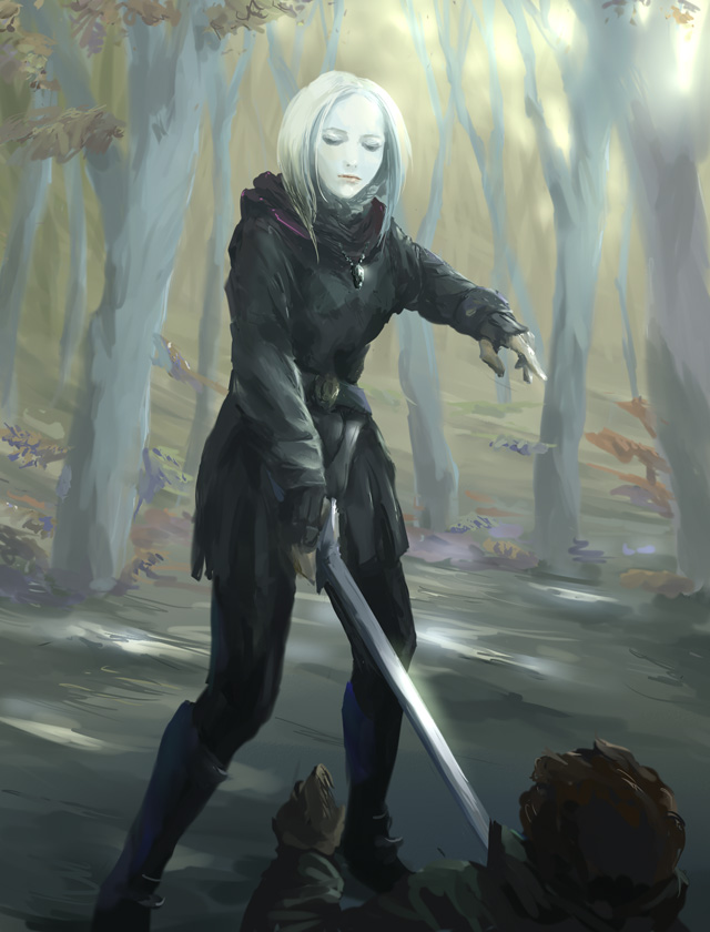 coz (commit), bad id, bad pixiv id, amulet, armor, belt, skirt, solo, sword, weapon, white hair
