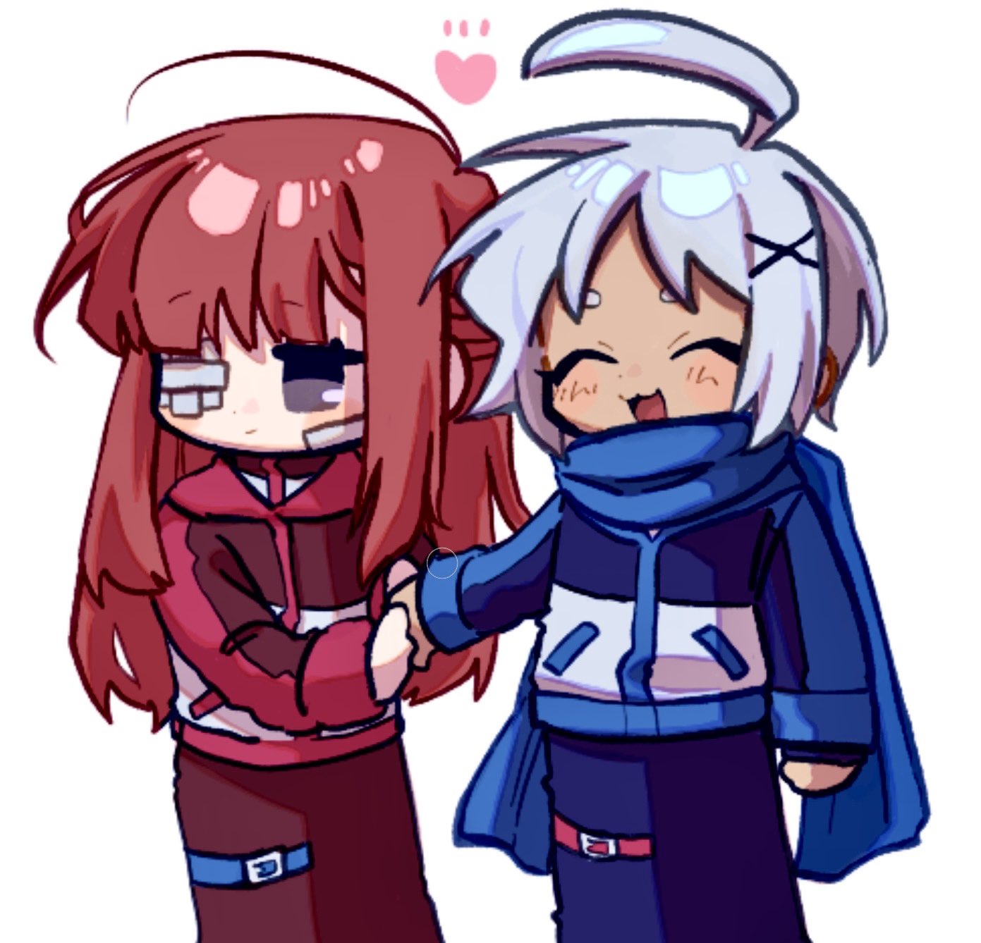 nantekottawo!!, aya (project moon), yuri (project moon), limbus company, project moon, highres, 2girls, :3, ^ ^, ahoge, black jacket, blue pants, blue scarf, blush, closed eyes, gauze, gauze over eye, grey eyes, hair ornament, jacket, long hair, multiple girls, open mouth, pants, pink hair, scarf, short hair, sidelocks, simple background, smile, thigh strap, white background, white hair, x hair ornament
