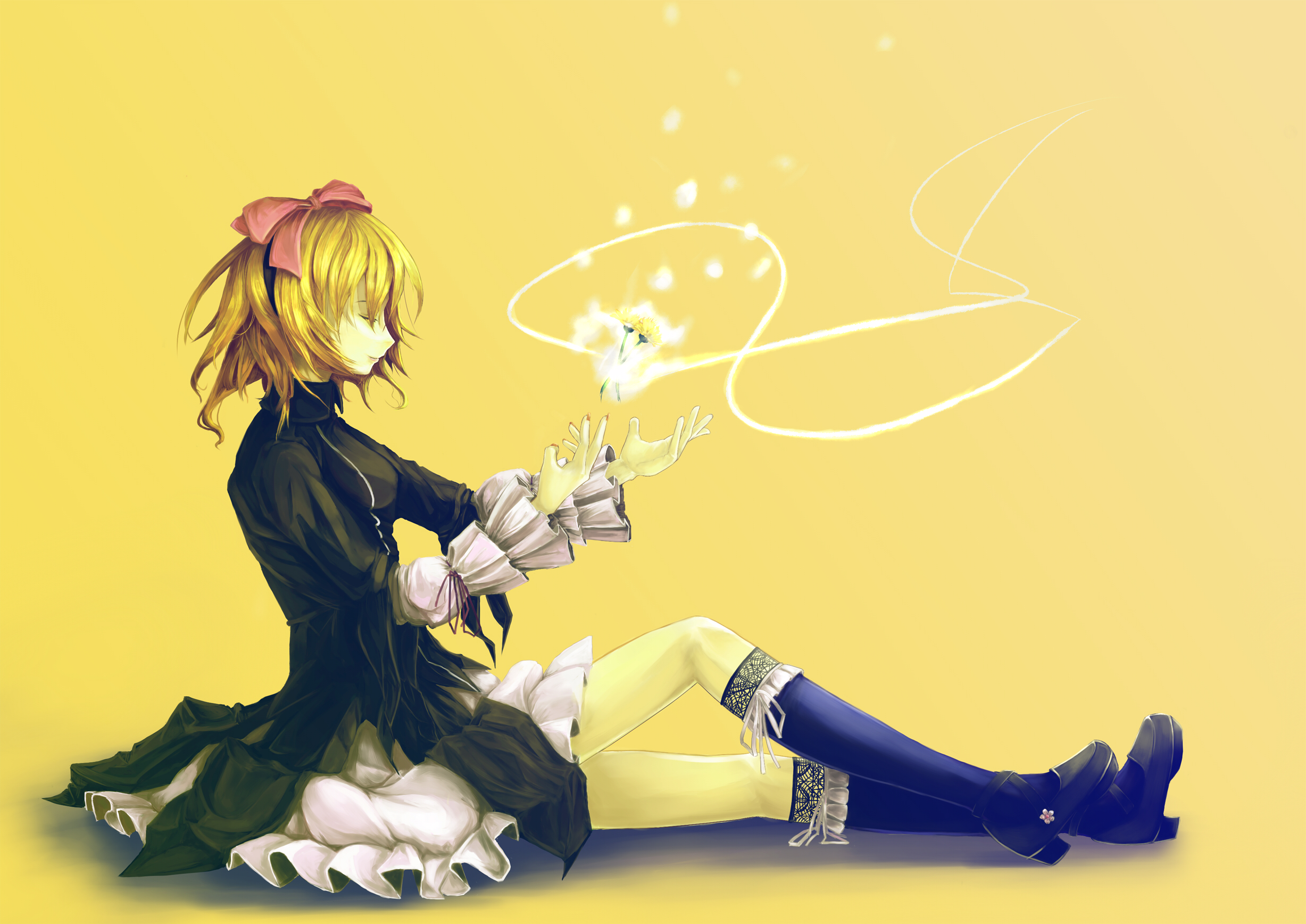 kuro shigure, original, highres, blonde hair, closed eyes, flower, hairband, legs, solo
