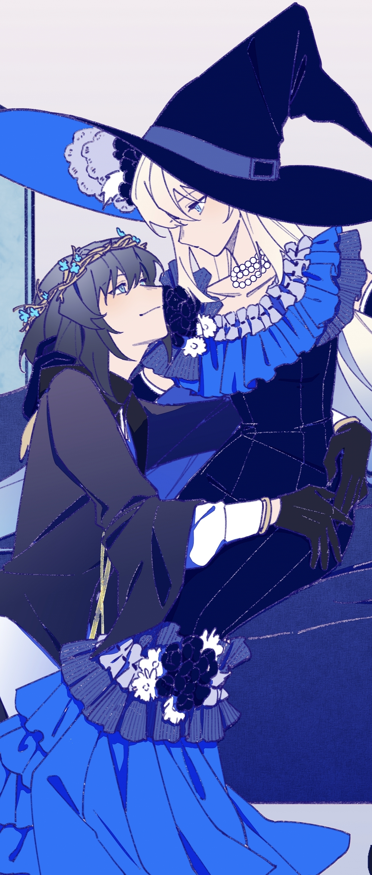 morgan le fay (fate), oberon (fate), oberon (overnight dream) (fate), oberon (third ascension) (fate), fate/grand order, fate (series), absurdres, commission, highres, third-party source, 1boy, 1girl, black dress, black gloves, black hair, blue dress, blue eyes, bracelet, dress, formal clothes, gloves, hair between eyes, hat, head wreath, jewelry, long hair, necklace, ponytail, shirt, short hair, smile, suit, two-tone dress, very long hair, white hair, witch hat