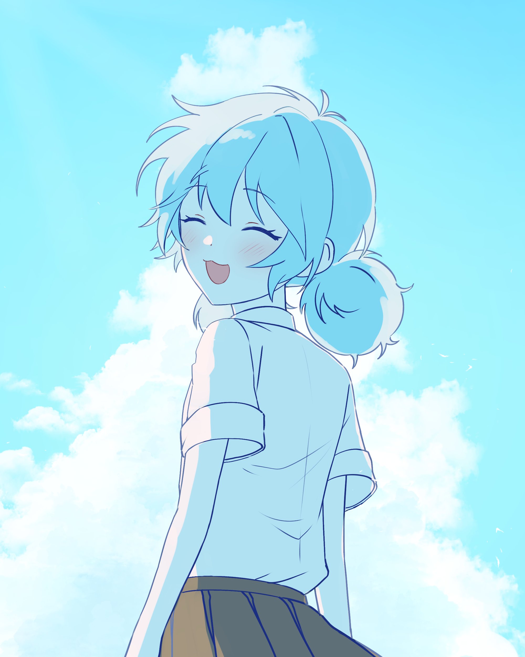 mossi (mossi0816), zombie high school, absurdres, highres, korean commentary, 1girl, :3, :d, blue hair, blue sky, blush, brown skirt, closed eyes, cloud, day, from behind, low twintails, mj (zombie high school), open mouth, outdoors, pleated skirt, school uniform, shirt, short hair, short sleeves, short twintails, skirt, sky, smile, solo, twintails, white shirt