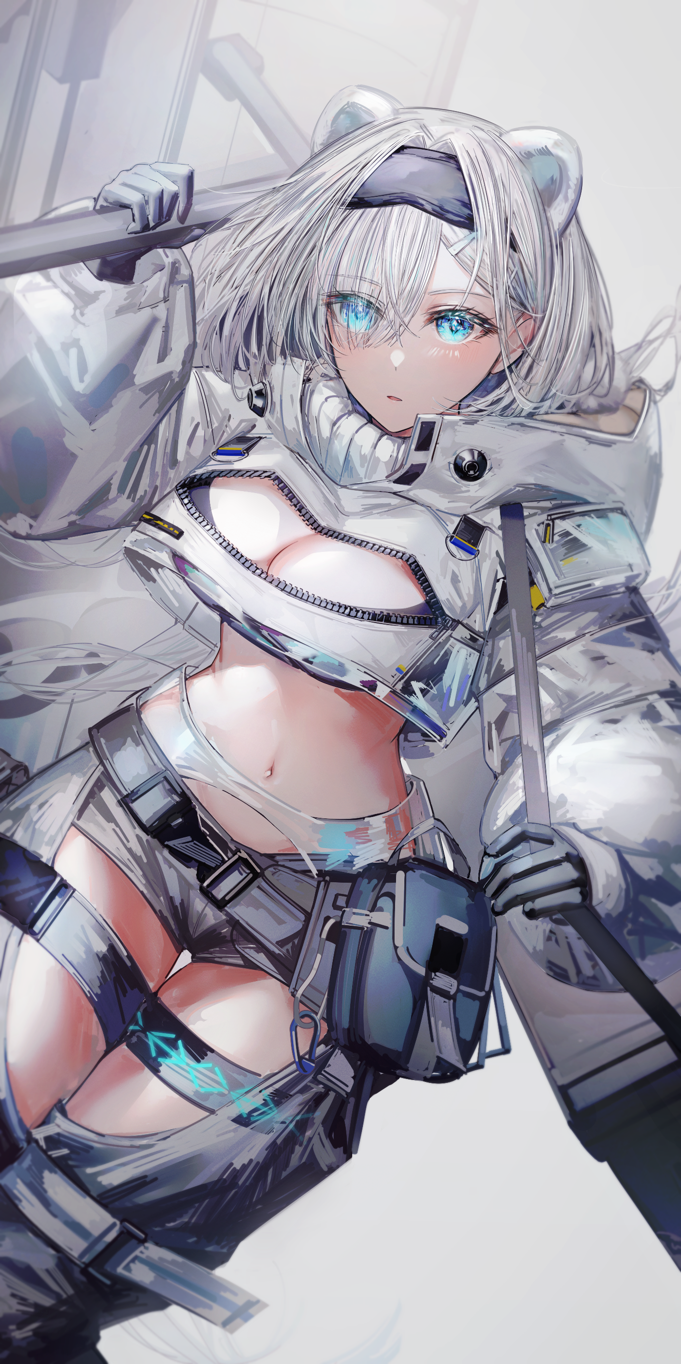 akqne, aurora (arknights), infection monitor (arknights), arknights, absurdres, highres, revision, 1girl, animal ears, bear ears, bear girl, black gloves, black hairband, black pants, blue eyes, breasts, cleavage cutout, clothing cutout, cowboy shot, cropped jacket, dutch angle, extra ears, gloves, hair over one eye, hairband, hand up, holding, jacket, large breasts, long bangs, long sleeves, looking at viewer, midriff, navel, pants, parted lips, simple background, thigh cutout, thigh gap, thigh strap, thighs, white background, white hair, white jacket