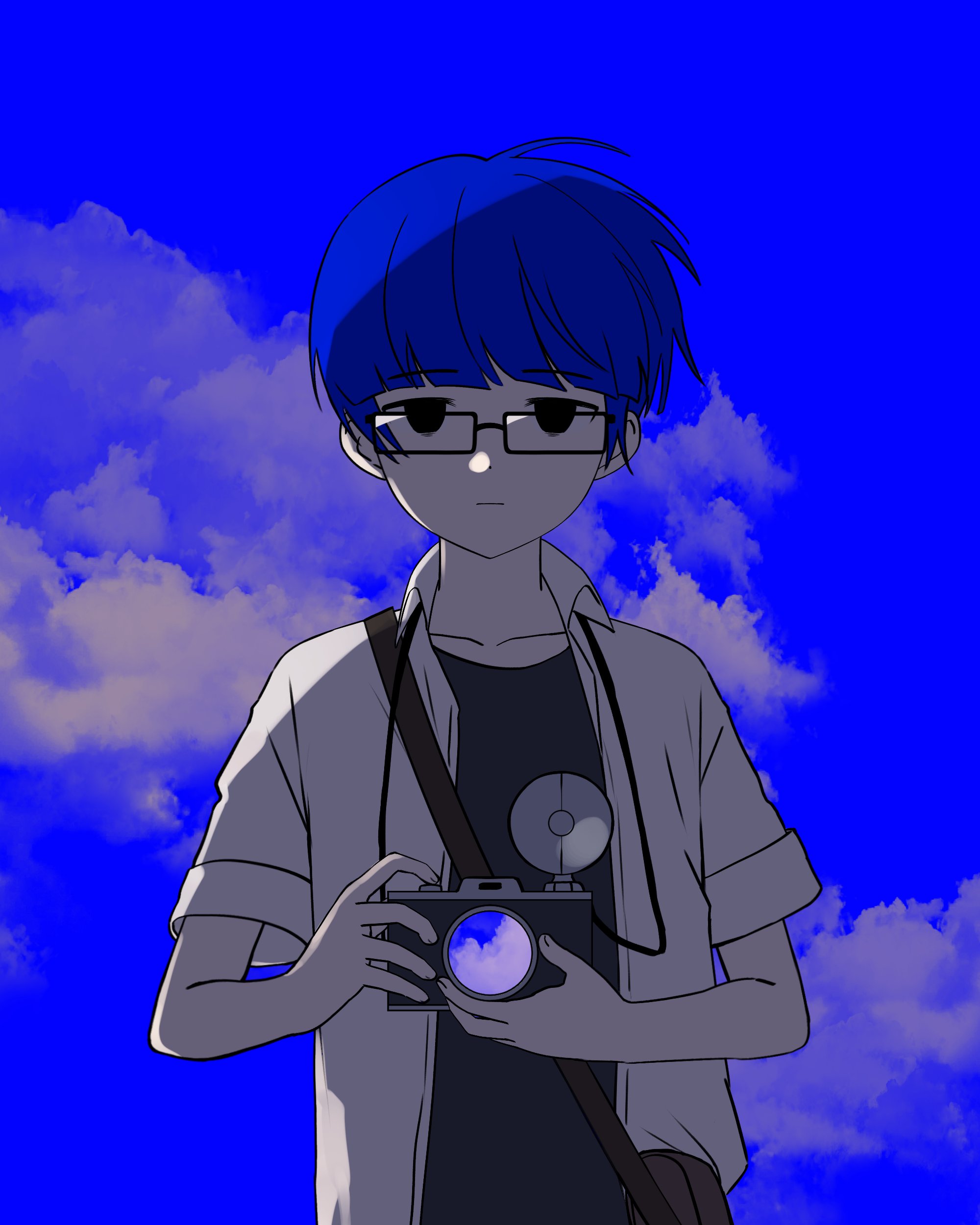 zombie high school, absurdres, highres, korean commentary, 1boy, bag, black eyes, black shirt, blue sky, blue theme, blunt bangs, bowl cut, camera, closed mouth, cloud, collared shirt, day, expressionless, glasses, holding, holding camera, looking at viewer, male focus, open clothes, open shirt, outdoors, pyo ih-yeon, shirt, short hair, short sleeves, shoulder bag, sky, straight-on, upper body, white shirt