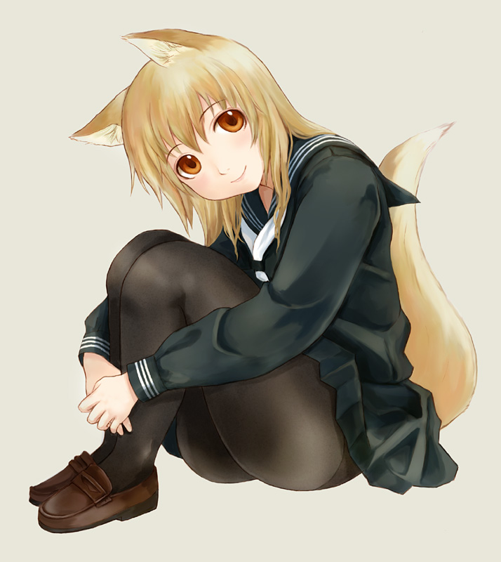 takagi hideaki, bad id, bad pixiv id, animal ears, fox ears, pantyhose, school uniform, serafuku, sitting, solo, tail
