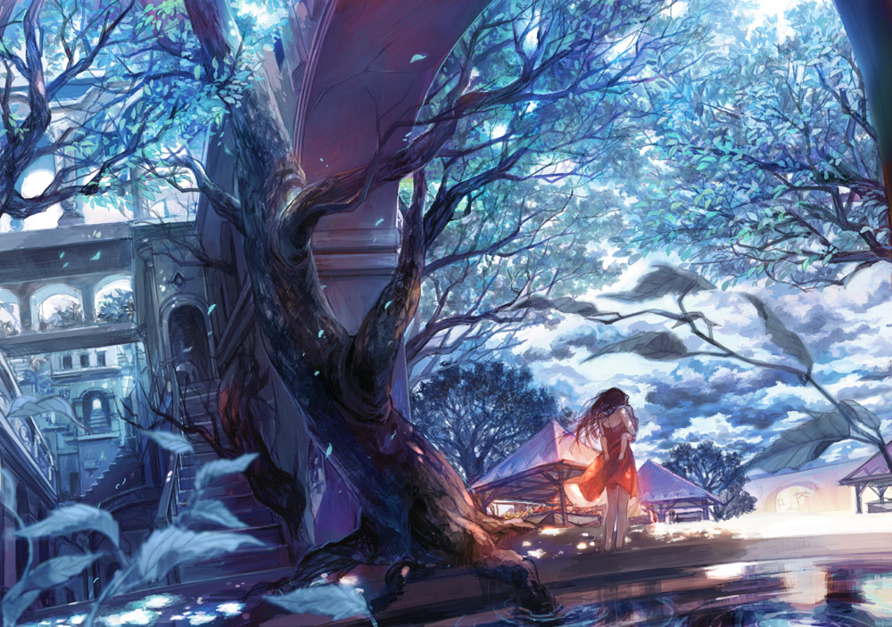 sime (echo), original, md5 mismatch, 1girl, blue theme, child, cold, dress, female focus, leaf, long hair, red dress, scenery, solo, stairs, tree, water
