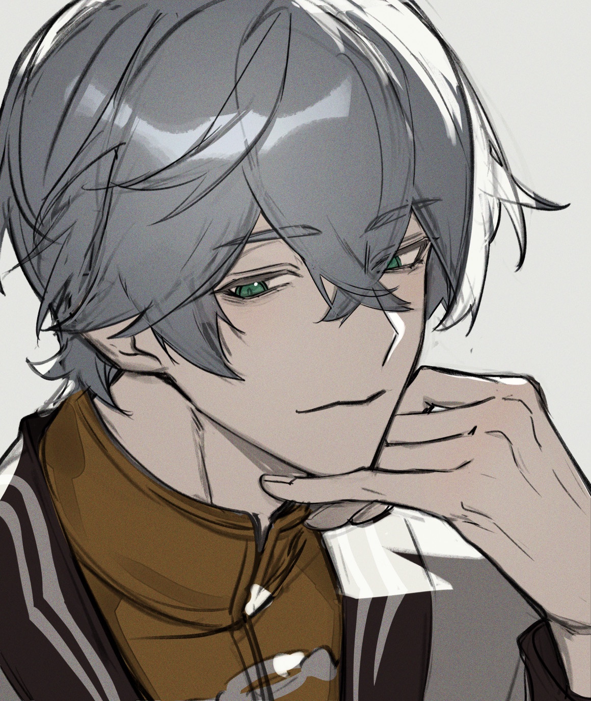 wise (zenless zone zero), zenless zone zero, highres, 1boy, arm up, bf2xuec6ow98466, blue eyes, closed mouth, collared shirt, crossed bangs, double-parted bangs, fingernails, grey background, grey hair, hand on own chin, jacket, light smile, looking to the side, male focus, orange shirt, popped collar, portrait, shirt, short hair, smile, solo, zipper