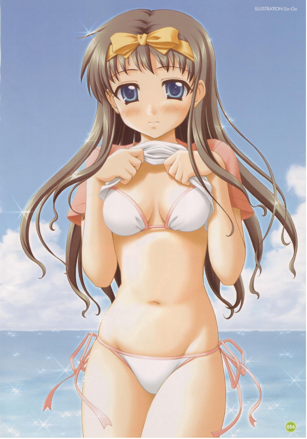 asahi, sakurai, sin-go, aquaplus, highres, 1girl, bikini, blue eyes, blush, brown hair, closed mouth, cloud, comic, day, dot nose, embarrassed, english text, female focus, graffiti, leaf, long hair, looking at viewer, navel, outdoors, sky, solo, standing, swimsuit, water, white bikini