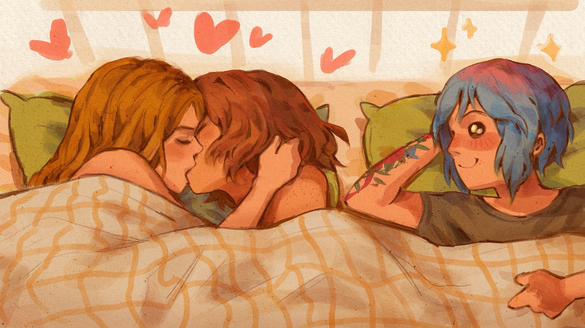 maxcrackfield, chloe price, max caulfield, rachel amber, life is strange (series), highres, 3girls, arm tattoo, bedroom, blanket, blonde hair, blue hair, blush, body freckles, brown hair, freckles, french kiss, hair dye, heart, kiss, long hair, multicolored hair, multiple girls, on bed, pillow, roots (hair), shirt, short hair, smile, tattoo, yuri